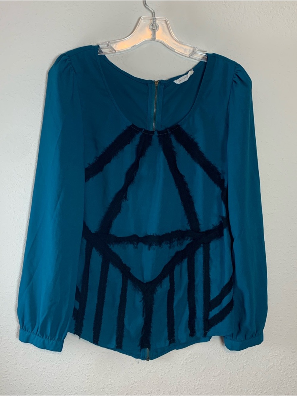 Blu Pepper Teal Blue Geometric Eyelash Fringe Back Zip Long Sleeve Blouse Top